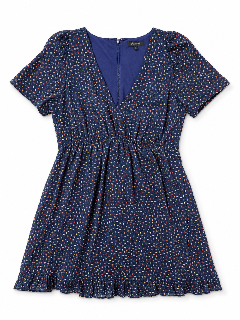 Madewell Floral Mini Dress 0P Navy Ditsy Print V Neck Ruffle Hem